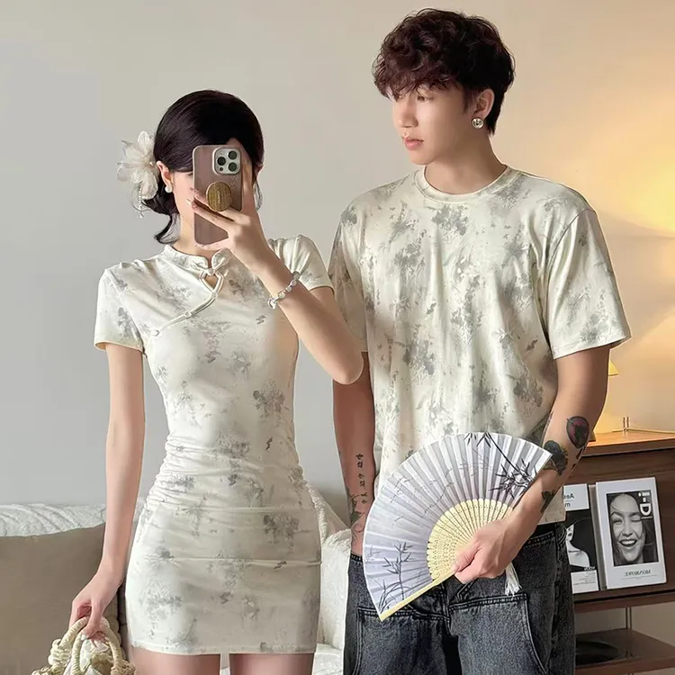 情侣装短袖镂空新中式日常旗袍连衣裙中国风短裙短款圆领男T恤