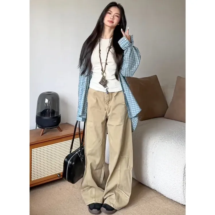 复古卡其色直筒牛仔裤女秋季2025新款高腰垂感小个子窄版阔腿裤子