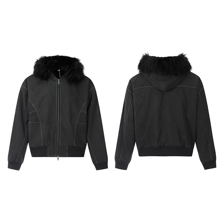 Wildkidz复古做旧座山雕毛领夹克外套男女宽松连帽bomber棉服冬季