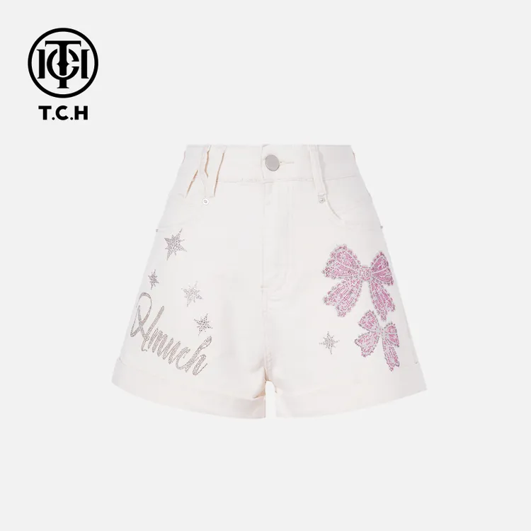 下架-TCH私服烫钻工艺时尚休闲百搭蝴蝶结短裤女T75B21E5069