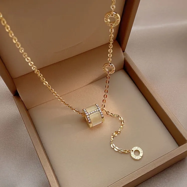 奢卡丹 合金项链 新款猫眼石小蛮腰项链女简约百搭锁骨链气质流苏