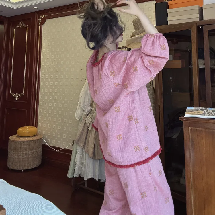 春夏季睡衣女家居服2025年新款纯棉纱布刺绣套装透气宽松套装长袖