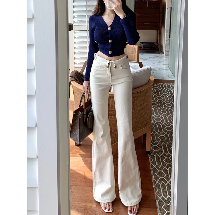 米白翻边字母微喇牛仔裤女2025秋季新款高腰显高显瘦不贴腿长裤