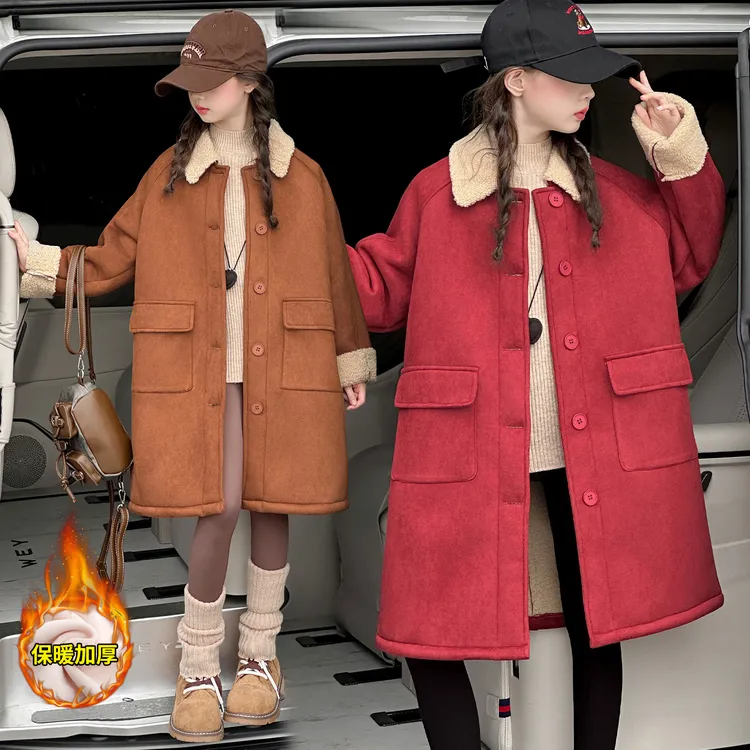 女童加绒外套秋冬装2025新款儿童中长款洋气皮毛一体韩版加厚大衣