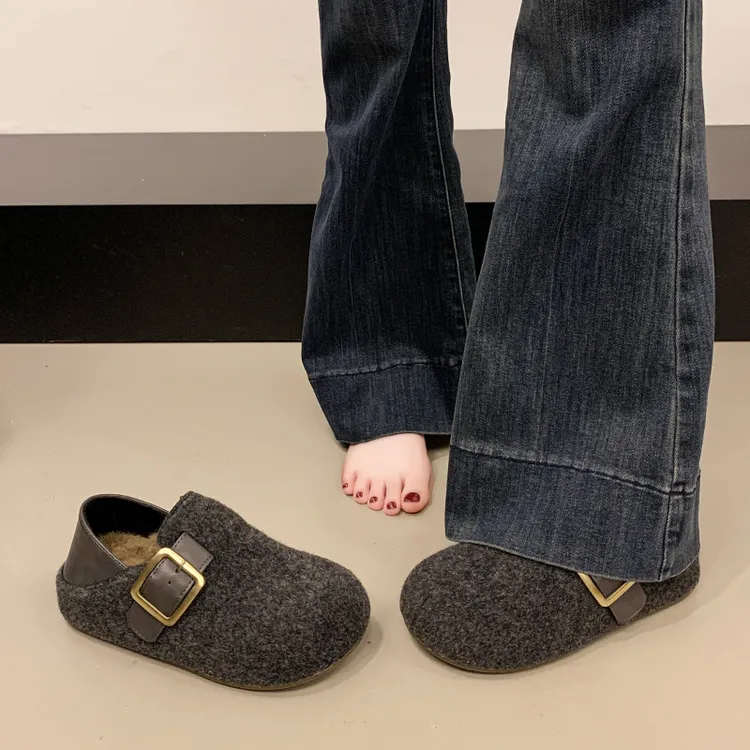 毛呢勃肯鞋女灰色2025秋冬新款厚底两穿毛毛鞋加绒保暖穆勒鞋棉鞋