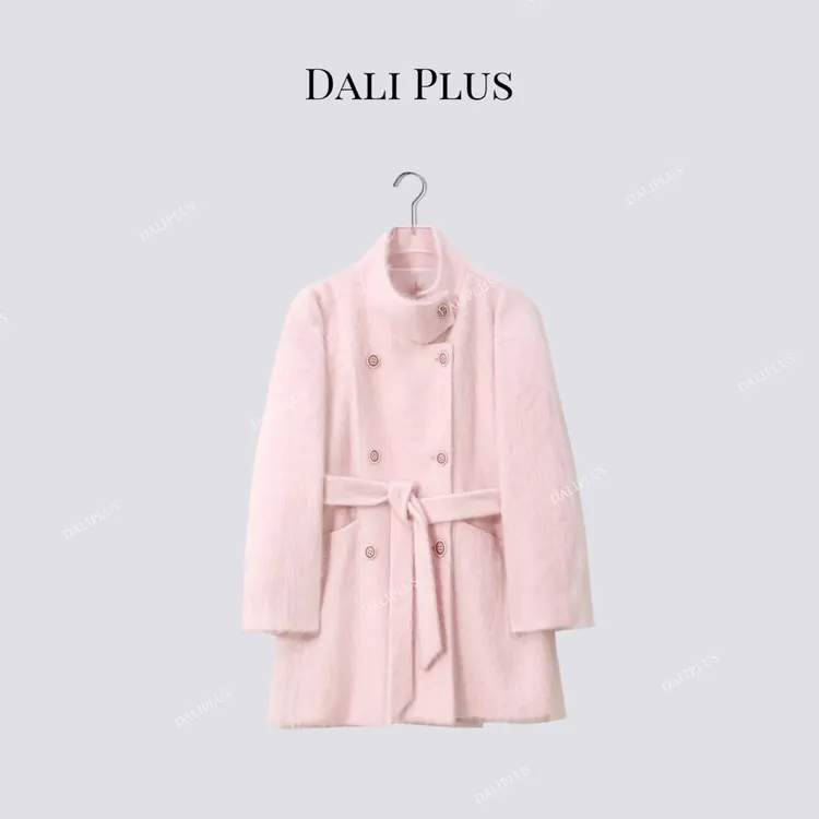 DALI PLUS“又见初恋”长毛羊绒拉绒 立领双排扣系带大衣-D5CH4826