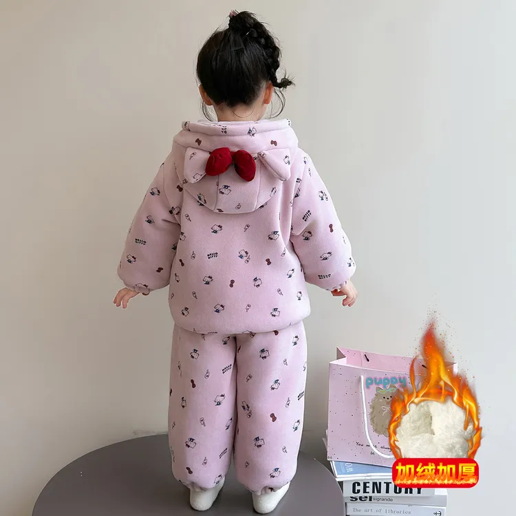 保暖家居服套装0-3岁女宝宝睡衣连帽加厚睡衣