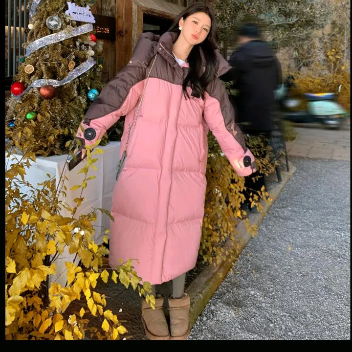 2025新款中韩版拼色棉服女长款加厚过膝棉衣宽松棉袄冬季时尚推荐