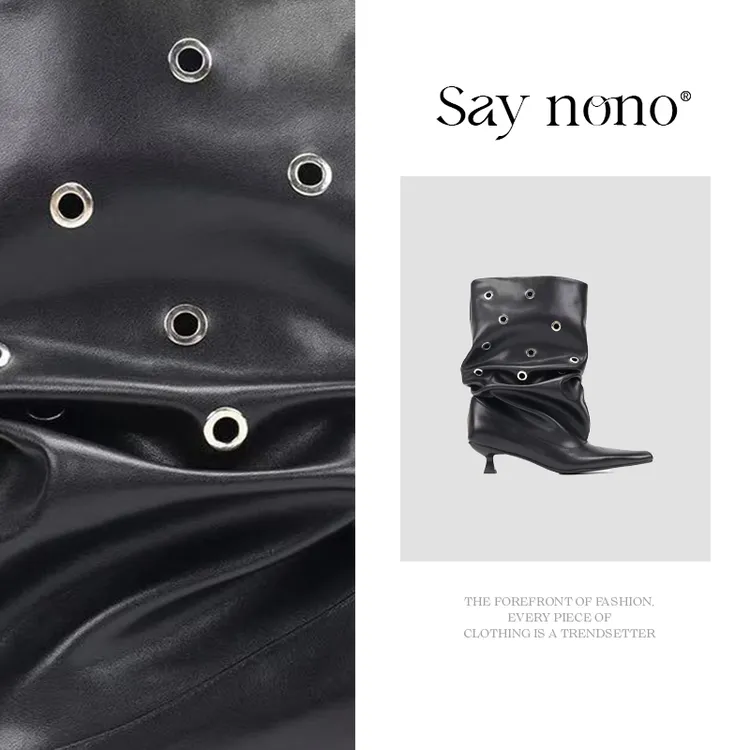 Say  nono  头层牛皮搭扣尖头细跟褶皱个性时装堆堆靴4cm