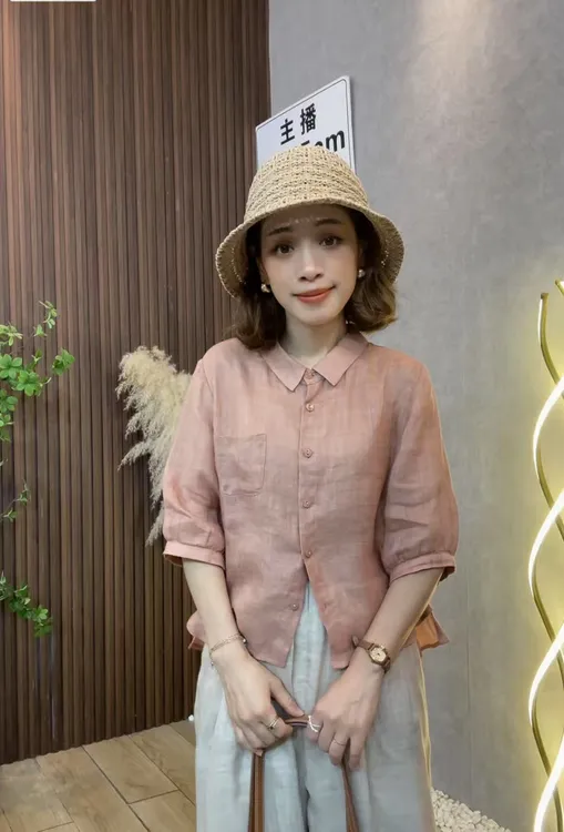 小个子苎麻衬衫2025夏季小尖领宽松休闲气质薄款中袖上衣