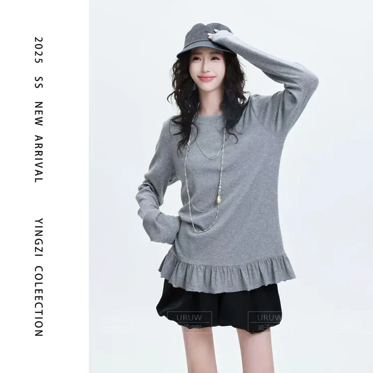 颖子定制【北欧旧事】休闲圆领荷叶边下摆T恤百搭纯色长袖上衣6682