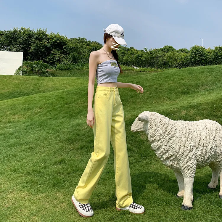 高腰直筒牛仔裤女夏2022年新款黄色宽松垂感拖地裤小个子阔腿长裤