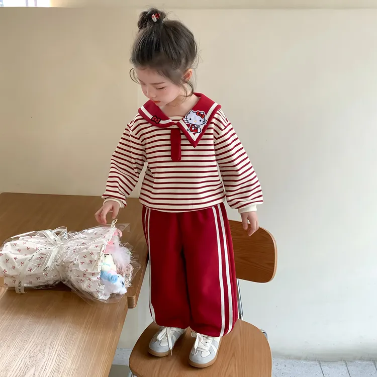 女童秋季学院风套装儿童条纹娃娃领卫衣女宝宝休闲裤运动风两件套