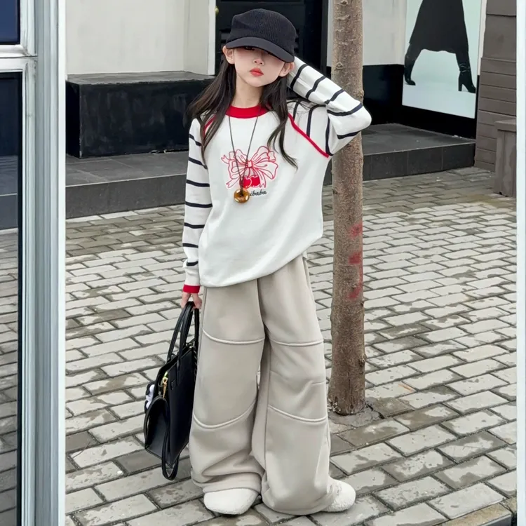 女童打底毛衣秋冬2025新款条纹针织衫女孩冬季内搭毛线衣长裤套装