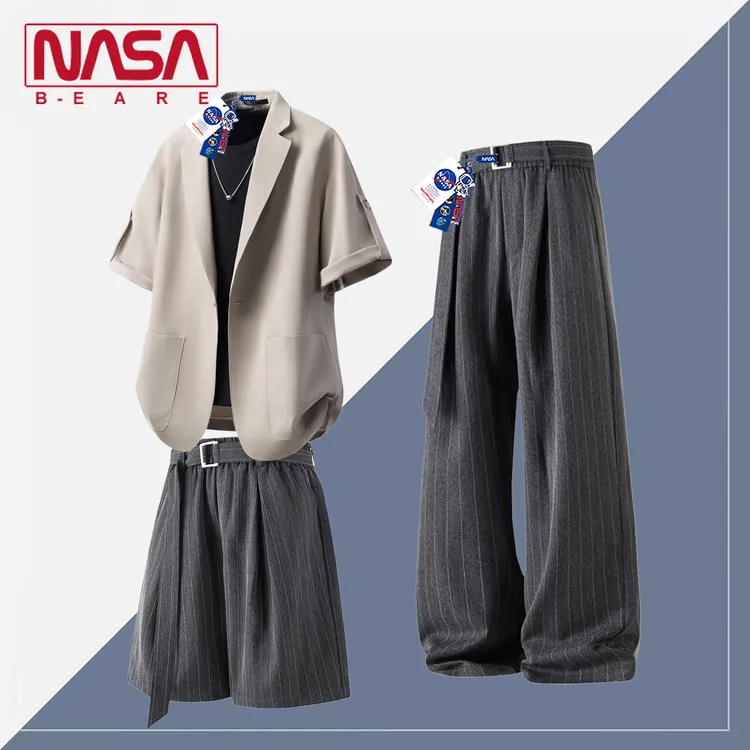 NASA联名老钱风复古休闲短袖西服男款夏季高级感西装阔腿西裤套装