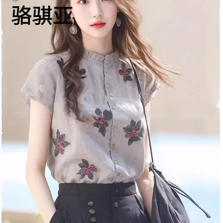 C高端别致印花洋气立领短袖衬衫小众新款夏季设计感独特百搭上衣