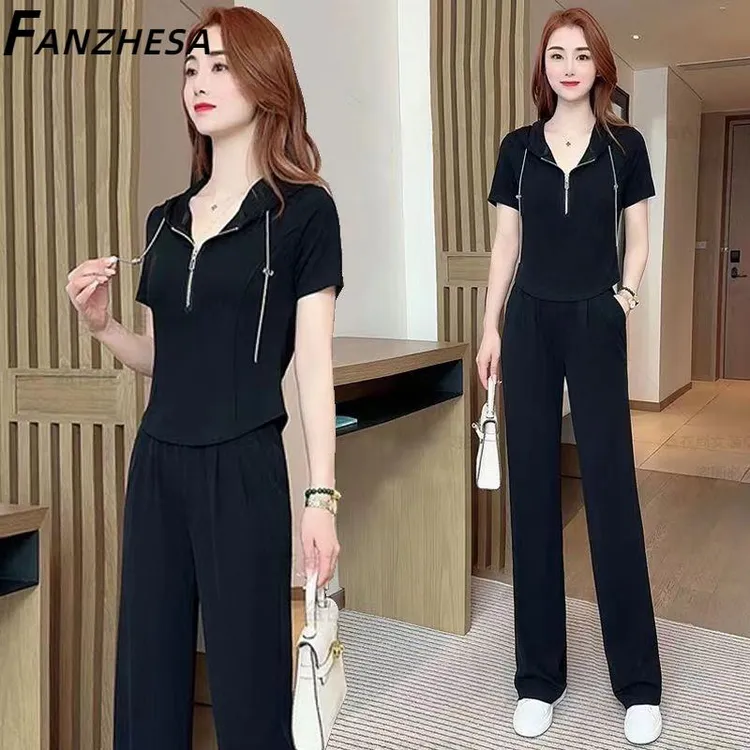 FANZHESA大码女装胖mm冰丝运动服套装女夏季宽松宽松遮肉气质休闲