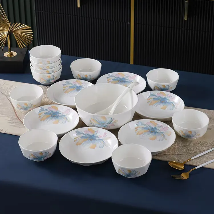 【不含礼盒】七彩绽放10碗6盘1汤碗1汤勺陶瓷餐具套组轻奢高档家用