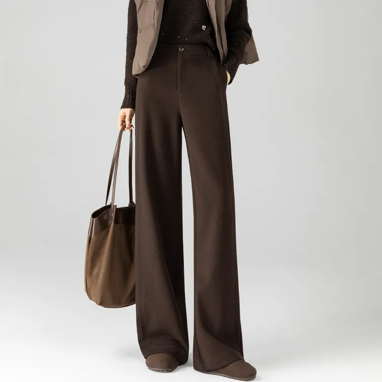 毛呢阔腿裤女2025新款冬加厚今年流行超火裤子棕色宽松直筒休闲裤