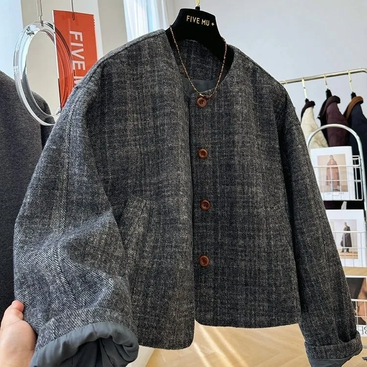 高级感复古韩系格纹毛呢外套女秋冬款超好看气质短款呢子大衣夹克