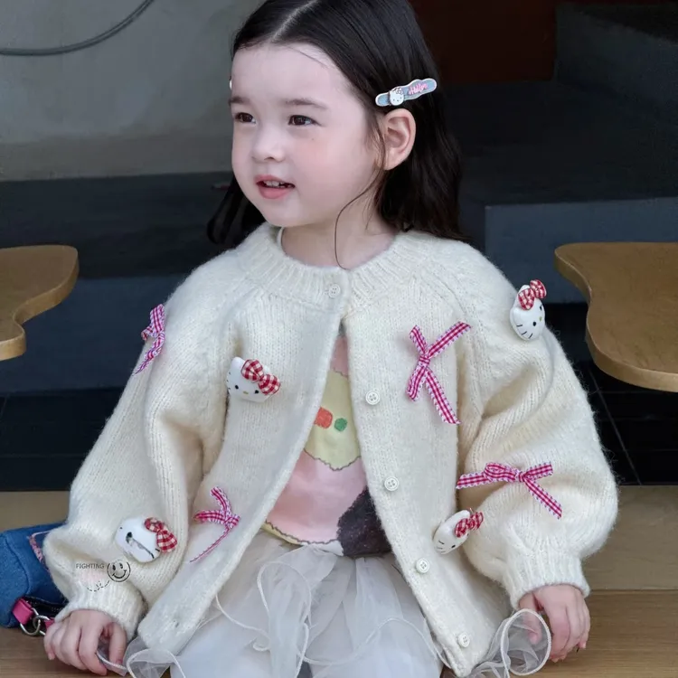 女童秋冬2025新款可爱蝴蝶结针织开衫毛衣纯色卡通长袖上衣外套