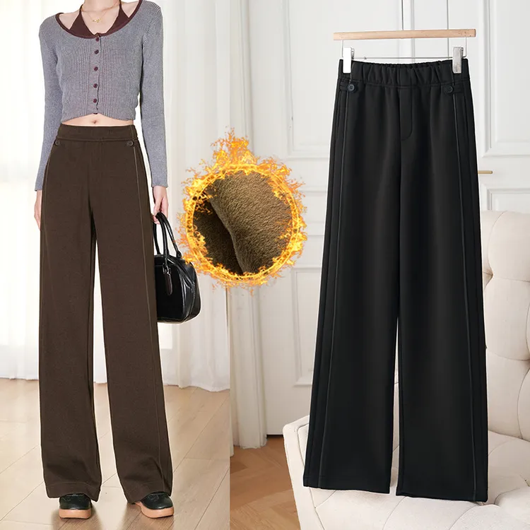 加绒直筒裤女秋冬装设计感抗皱垂感窄版显瘦休闲西裤深圳高档品质