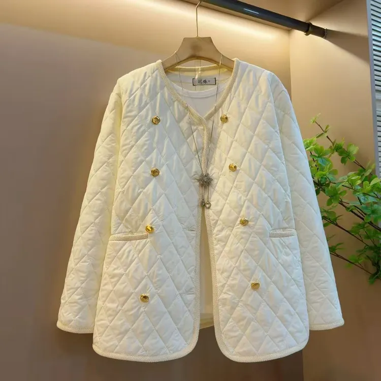 韩系减龄重工V领新款洋气百搭菱形格减龄薄款棉服（长68左右）