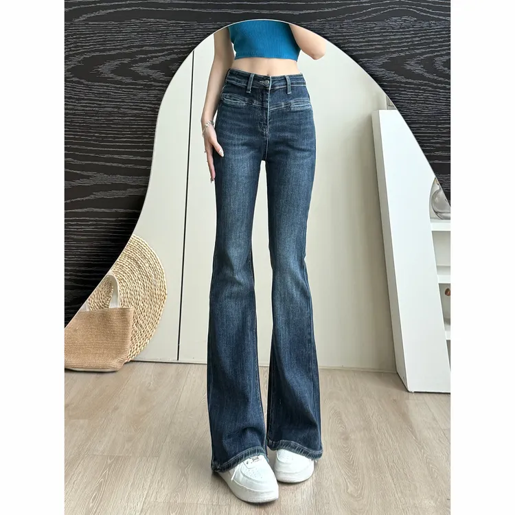 艾格复古蓝修身弹力喇叭牛仔裤女夏季2025新款高腰显瘦马蹄拖地裤