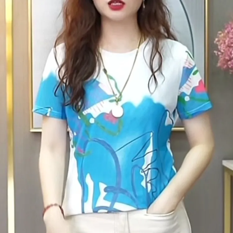 撞色涂鸦印花夏季双层网纱显瘦洋气时尚圆领修身短袖百搭1620