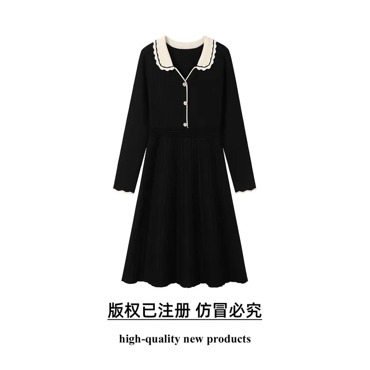 奢姿大码女装2025秋季胖妹妹时尚减龄花边设计娃娃领针织连衣裙