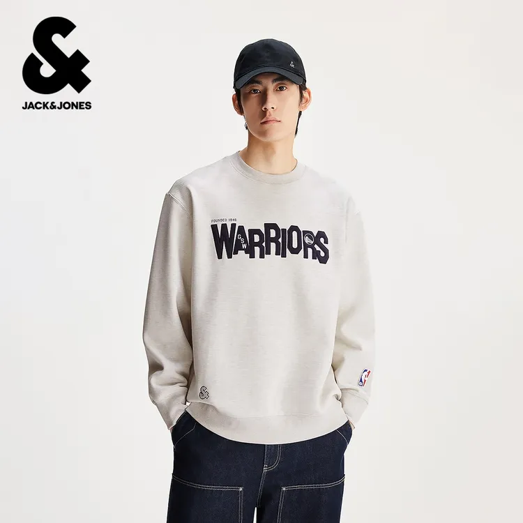 杰克琼斯男装NBA联名款勇士队字母logo日常休闲简约宽松圆领卫衣