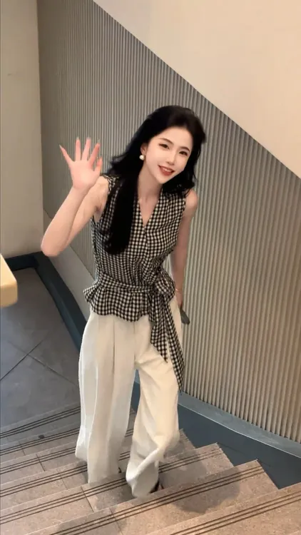 设计感绑带黑白格子背心衬衫女系带收腰显瘦无袖上衣休闲裤两件套