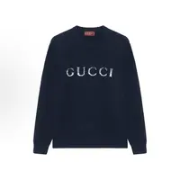 未使用 GUCCI/古驰 Logo字母嵌花圆领长袖毛衣 深蓝色