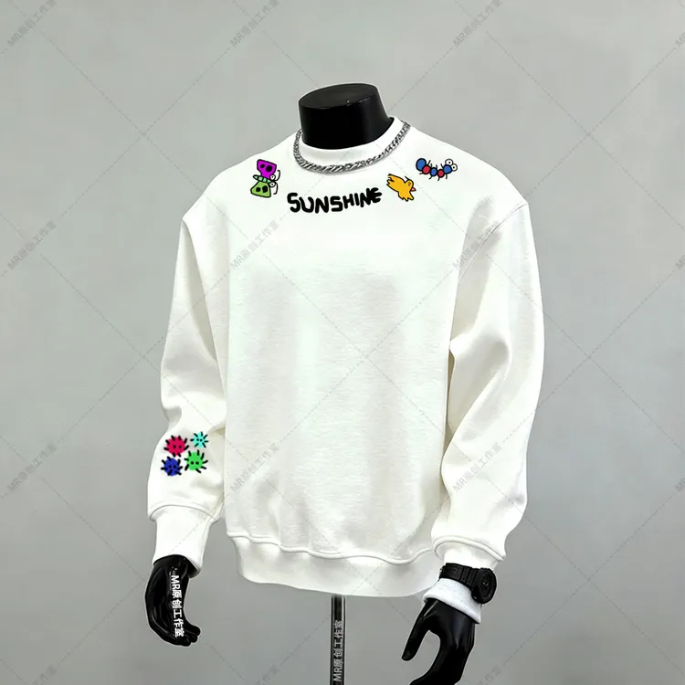 加绒卫衣美式潮牌圆领宽松加厚SU蝴蝶鸟领下印花冬季白色长袖外套