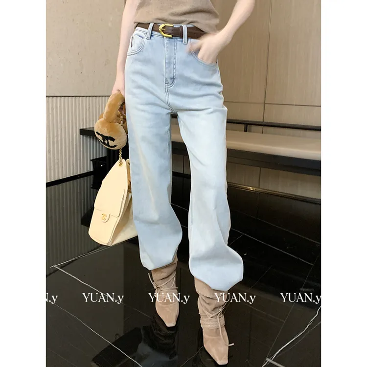 媛媛【微澜】美式复古牛仔裤女水洗高腰阔腿宽松直筒裤子长裤#K1246