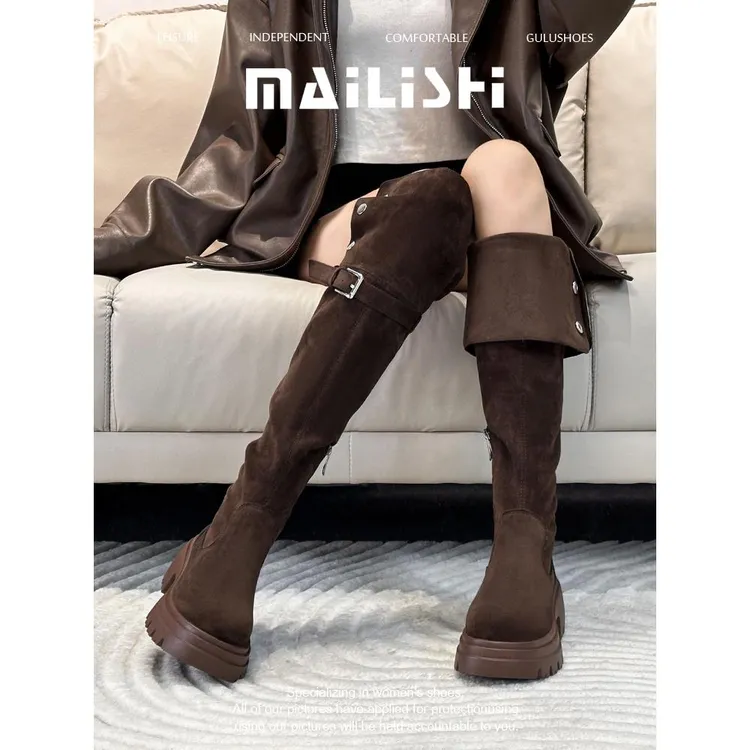 过膝厚底两穿翻折骑士靴2025秋冬加绒爆款胖mm粗腿显瘦高筒长靴女