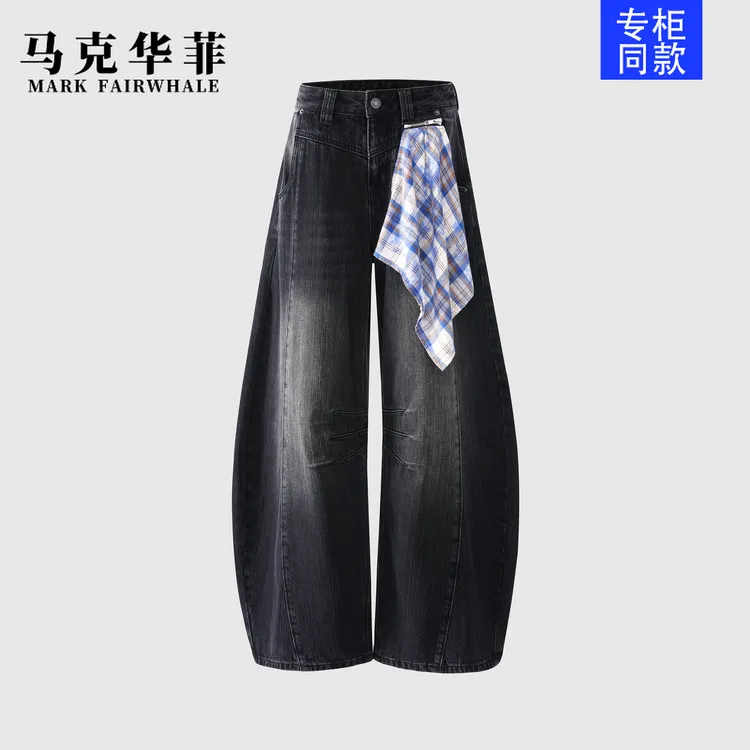 马克华菲潮牌牛仔弯刀裤春秋男女同款水洗格子可拆卸方巾休闲裤子