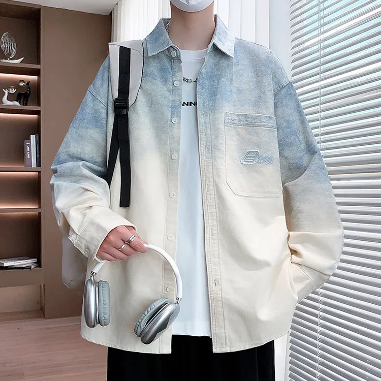 青少年纯棉衬衫外套男牛仔夹克长袖衬衣棉质上衣服学生外穿打底衫