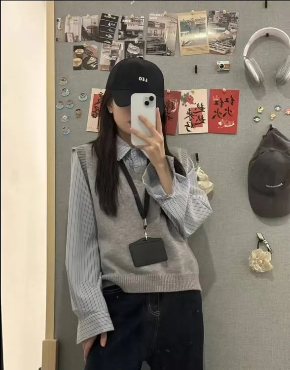 假两件撞色衬衫2025春季新款女装休闲百搭学院风叠穿长袖针织上衣