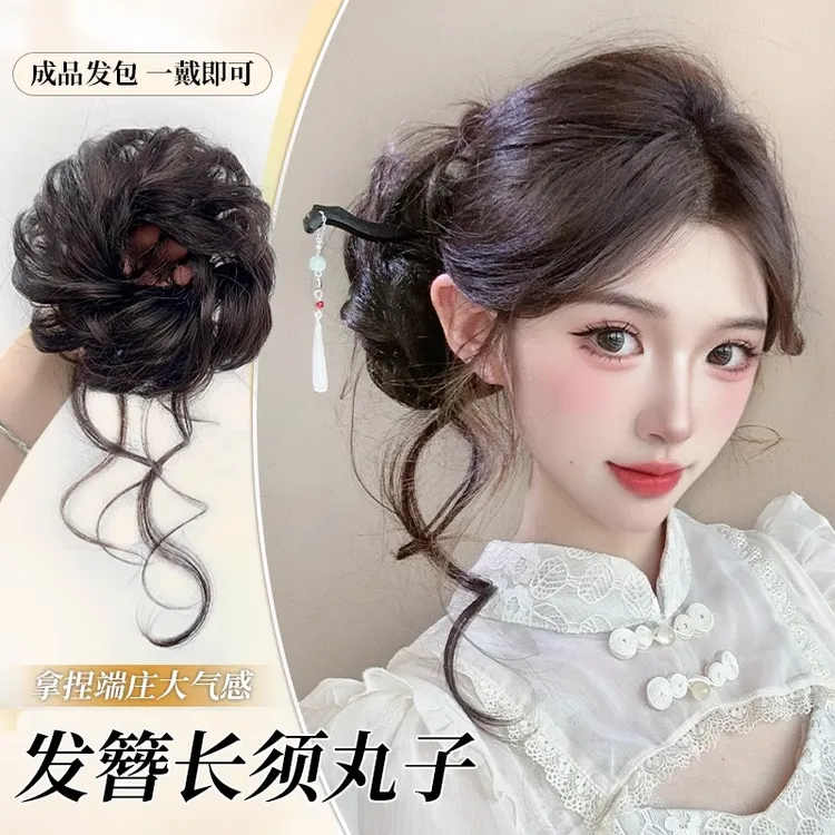丸子头假发发圈女真发慵懒花苞头仿真旗袍古风卷发圈头饰低扎发包