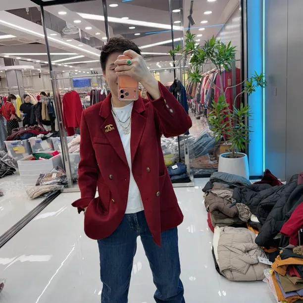 高级双面绒百搭双排扣红色西装外套55300经典