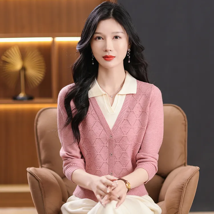 秋季针织假两件上衣女洋气时尚外穿翻领毛衣妈妈显瘦秋冬季打底衫