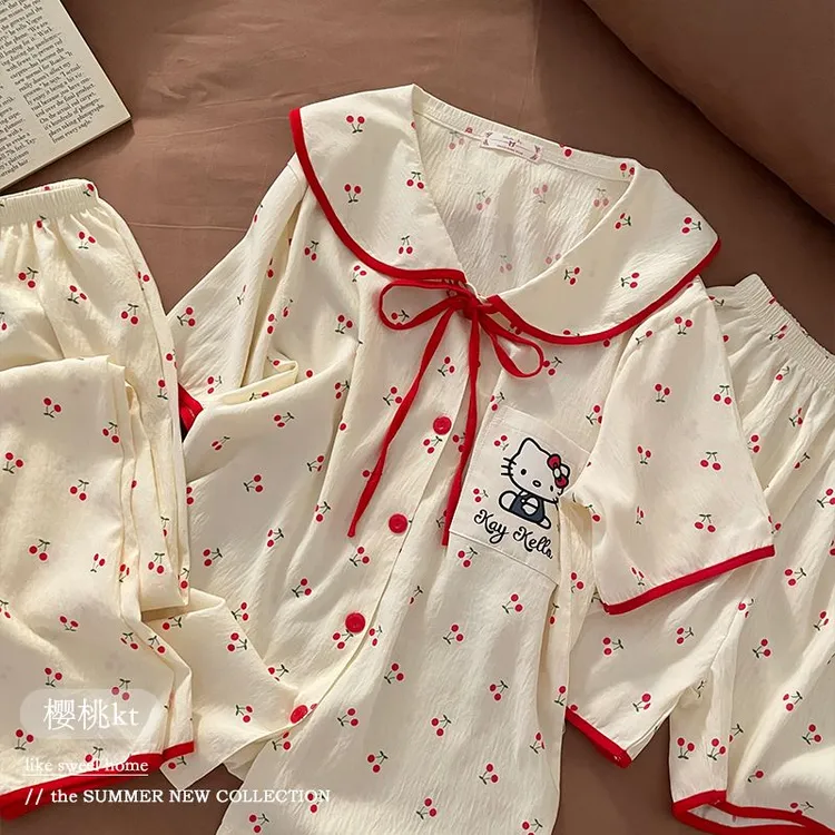睡衣女2025夏HelloKitty樱桃短袖短裤长裤三件套甜美少女家居服