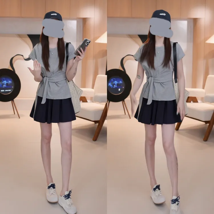 小个子套装女灰色设计感t恤夏季休闲裤裙时尚洋气阔腿短裤两件套