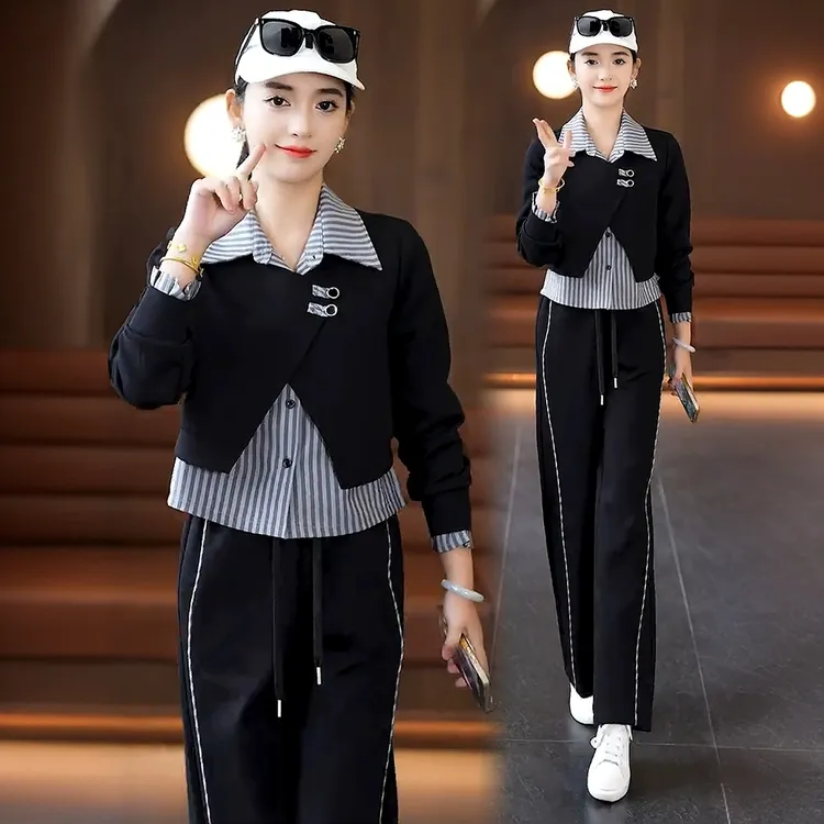 休闲运动服套装女2025春季新款洋气显瘦拼接上衣阔腿裤时尚两件套