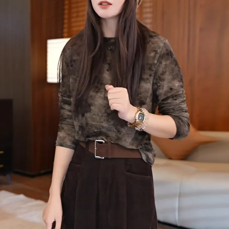 2025早秋新款韩版小众复古薄款长袖打底扎染上衣设计感女士