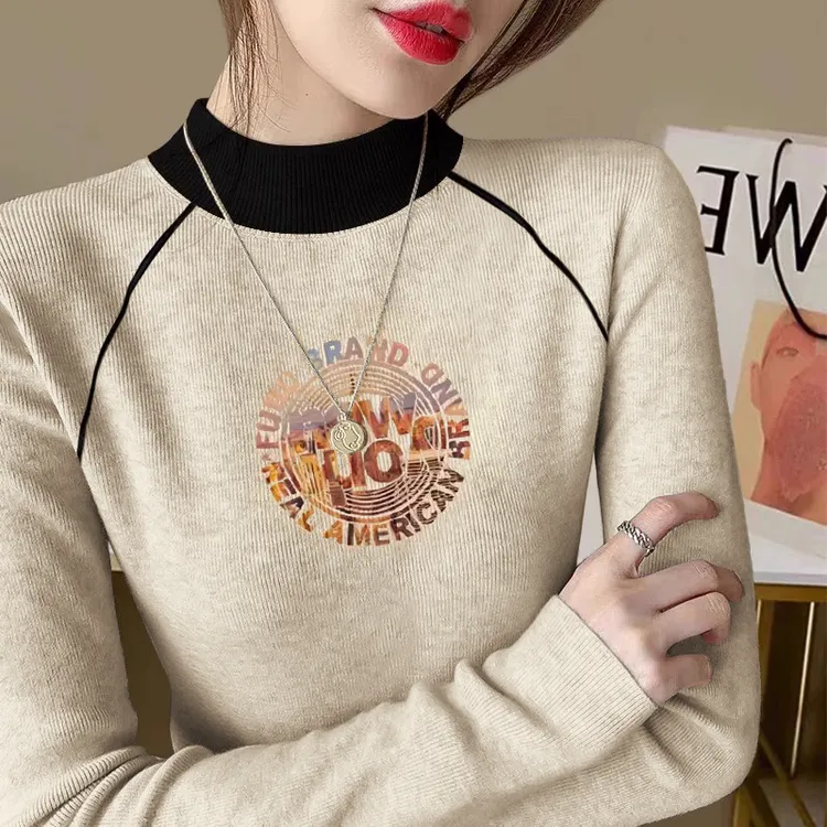 燕麦色针织德绒2025秋冬新款半高领长袖撞色t恤百搭保暖内搭上衣