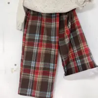 卷毛桃秋红色格子裤子