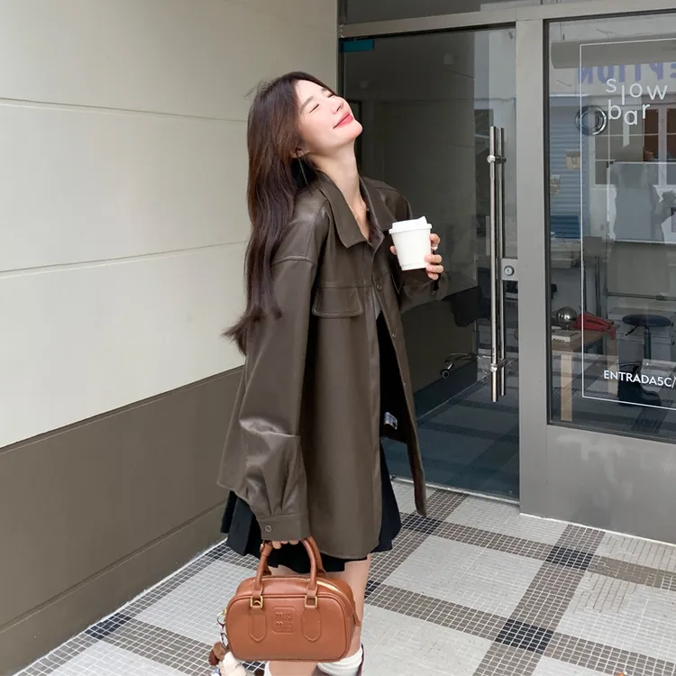 深咖色衬衫领皮衣外套2025春秋新款小众流行复古美拉德甜酷风夹克