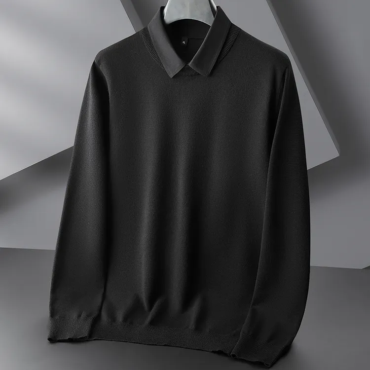 男士针织衫假两件加肥加大码秋冬商务休闲衬衫领打底衫男纯色毛衣